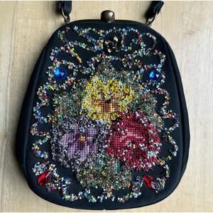 Dover Handbag 8.5 Inch w Coin Purse Beaded Floral Stitch Textured Brass USA Made